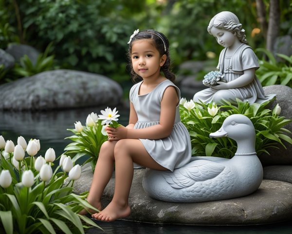 Young Girl in Silver Dress in Serene Garden Setting
