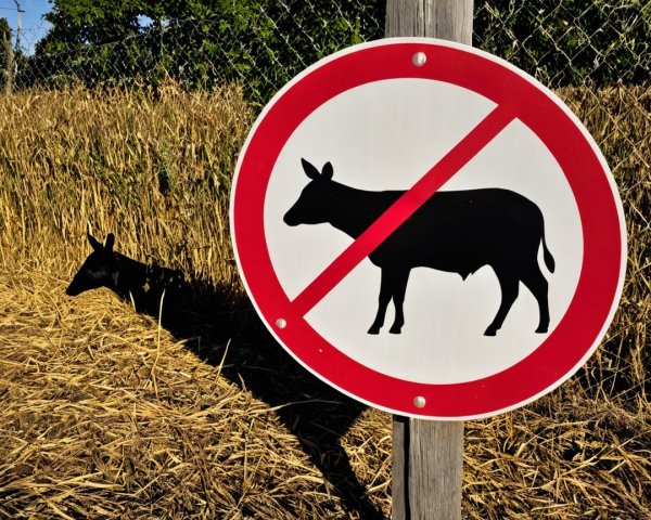 Circular No Cows Sign with Pastoral Background