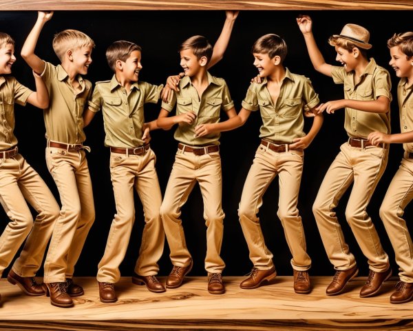 Boys in Matching Outfits Dance Against Black Background