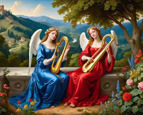 Serene angels playing lyres in a tranquil garden setting