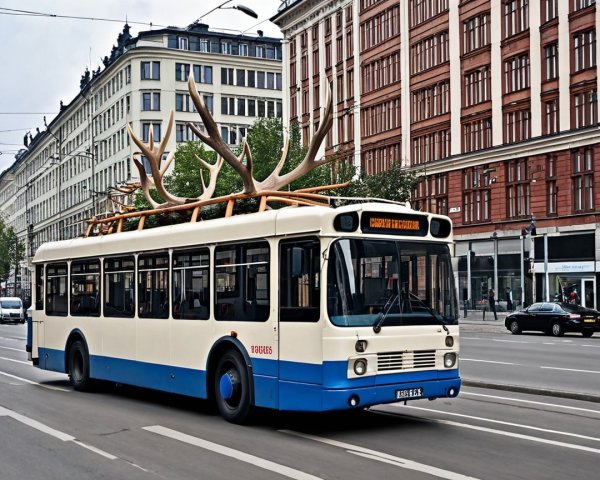 Unique City Bus with Antlers in Historic Setting