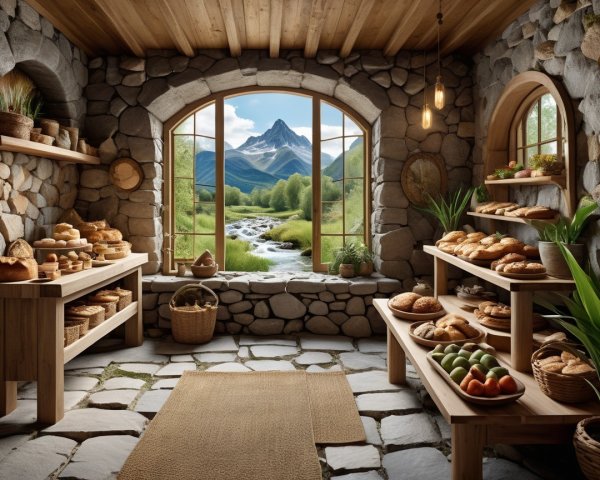 Cozy Stone Bakery with Mountain View and Fresh Pastries