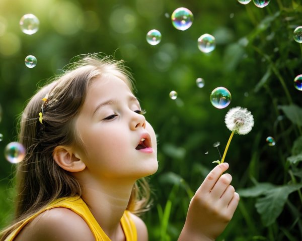 Young girl blowing dandelion seeds in a garden