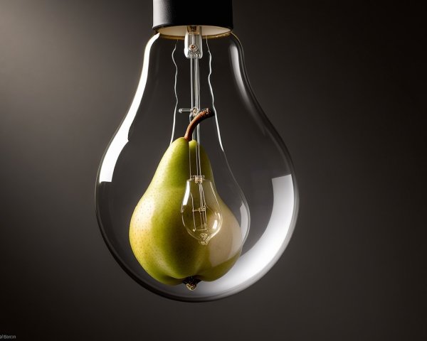 Green Pear in Clear Glass Light Bulb Against Dark Background
