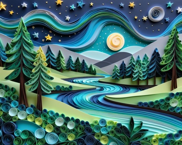 Vibrant Paper Quilling Artwork of a Serene Night Landscape
