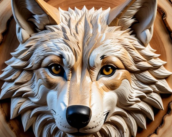 Wooden Sculpture of a Wolf's Head with Detailed Craftsmanship
