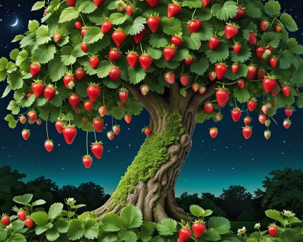 Whimsical tree with strawberries and twilight sky