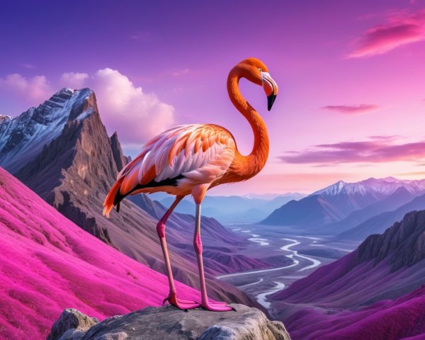 Flamingo on Rock Amidst Majestic Mountains and River