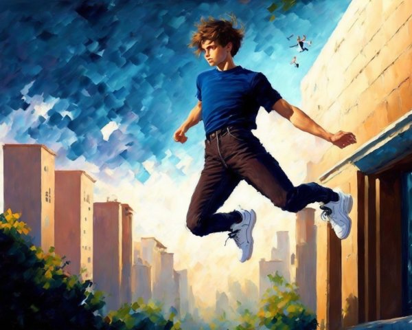 Dynamic Oil Painting of Young Man in Urban Setting