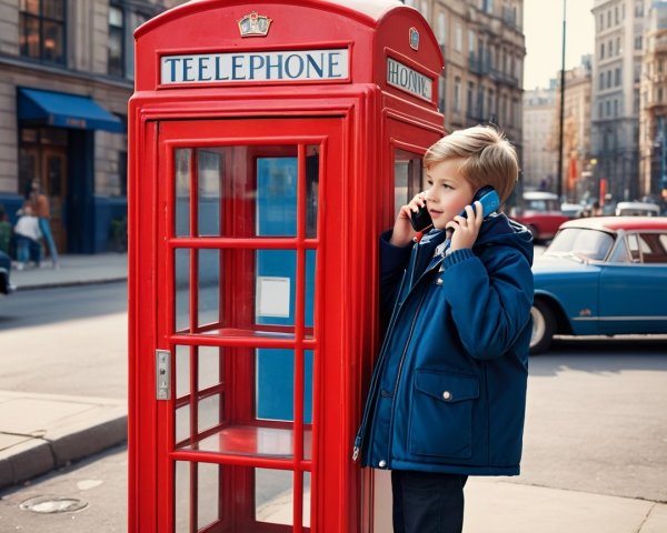 Young boy in red telephone booth with smartphones