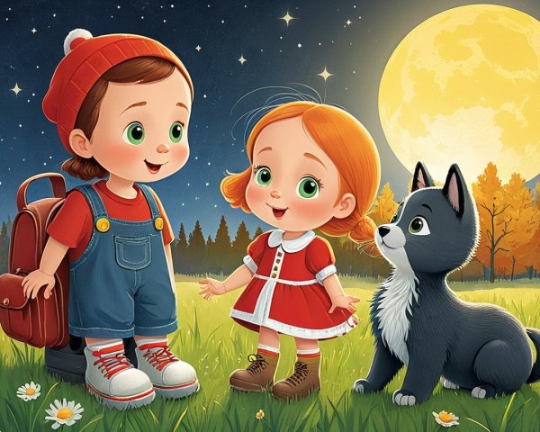 Children in Meadow Under Starry Night Sky