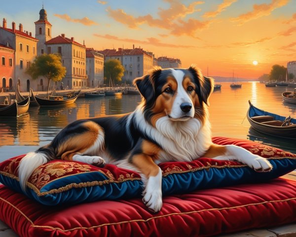 Dog on Cushion Overlooking Venetian Sunset Scene