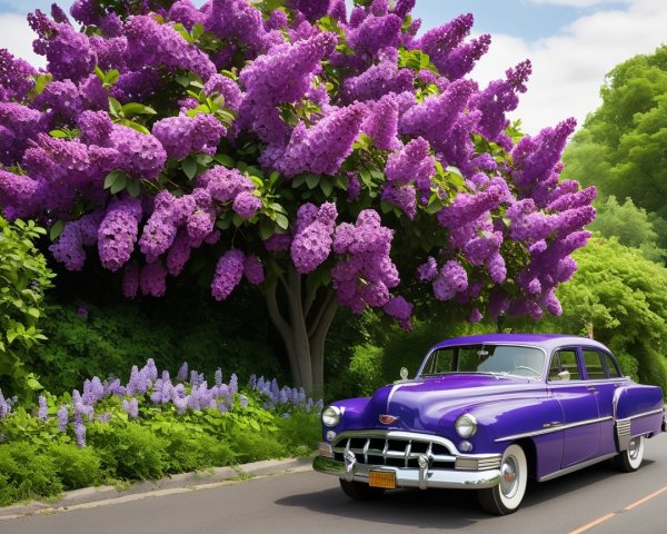 Purple Car on Scenic Road with Lilac Blossoms