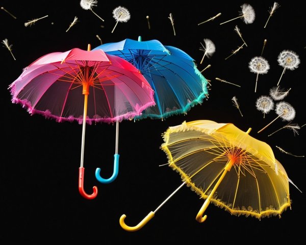 Colorful Umbrellas with Dandelion Seeds on Dark Background