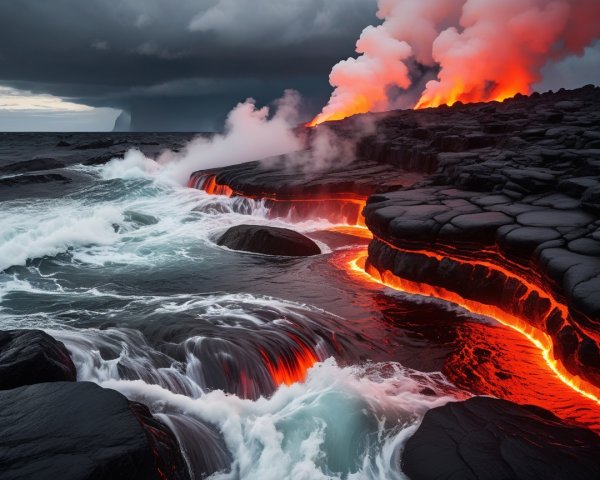 Volcanic Eruption by the Ocean with Lava and Waves