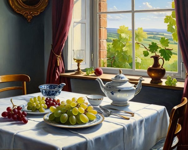 Still-Life Scene with Grapes and Sunlit View