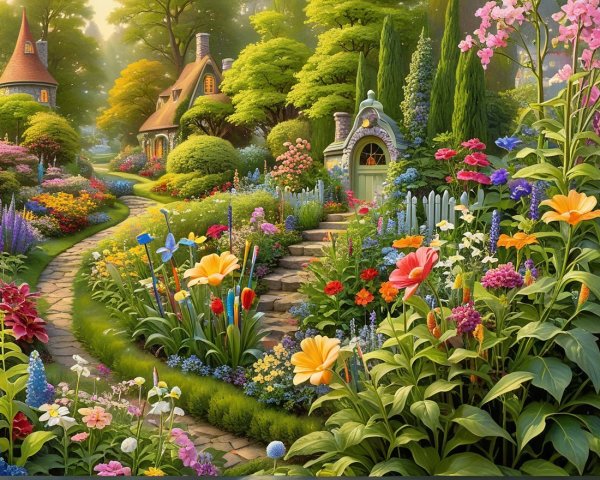 Vibrant Garden Scene with Colorful Flowers and Cottages