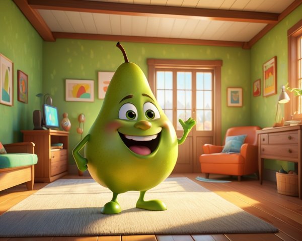 Cheerful Cartoon Pear in Cozy Green Room Decor