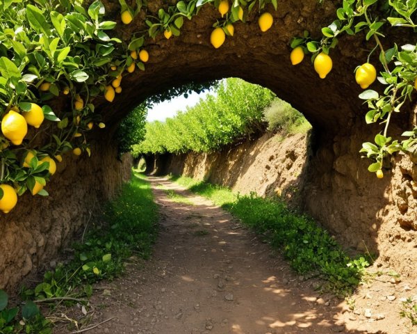 Sunlit Pathway Through Lush Lemon Groves