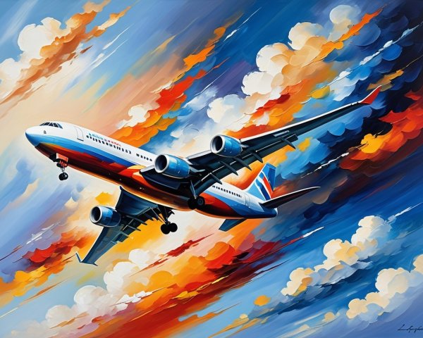 Stylized Airplane Painting in Colorful Sky