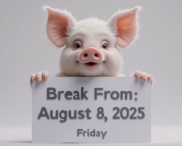 Cheerful Cartoon Pig Holding "Break From" Sign