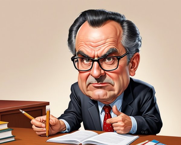 Stern Man in Suit Discusses Open Book at Desk