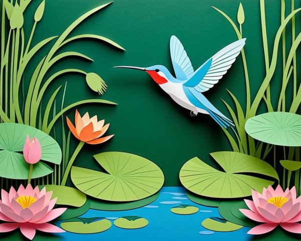 Vibrant Paper Art of Pond with Hummingbird and Lilies