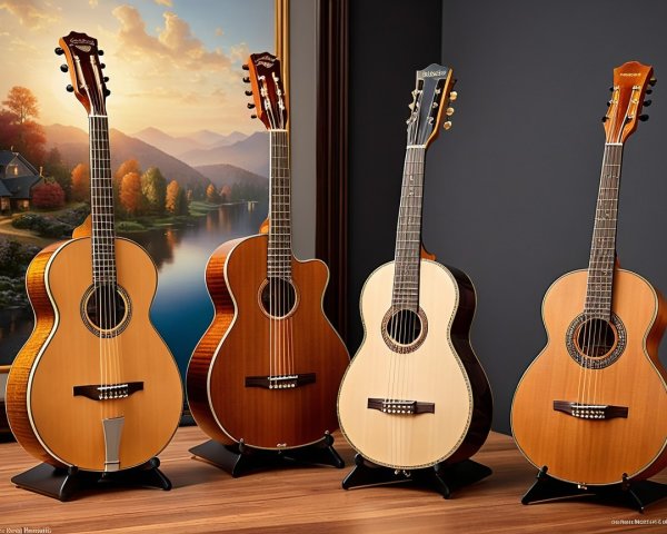 Exquisite Acoustic Guitars Displayed with Scenic Backdrop