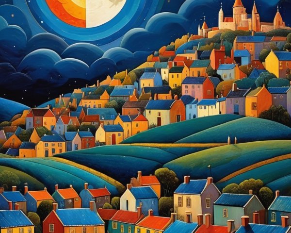 Fantastical village under a night sky with moons and stars