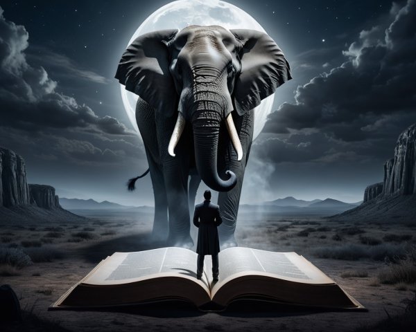 Elephant Under Moonlight with Open Book and Mountains