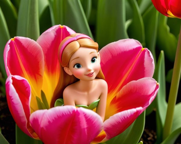 Fairy-tale figure in oversized tulip garden scene
