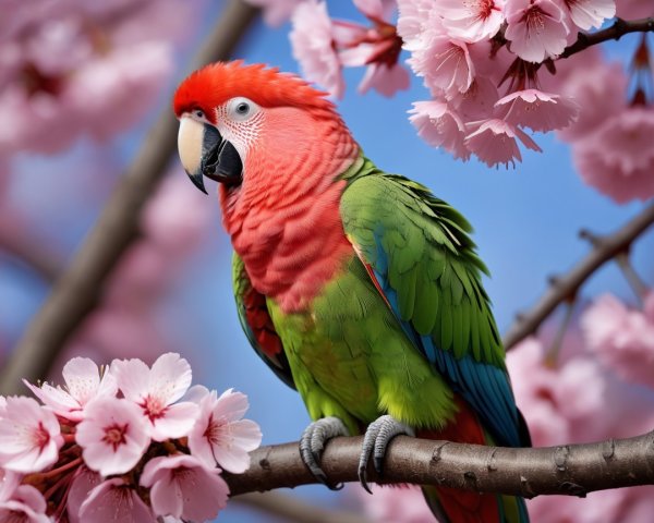 Vibrant Parrot Amid Cherry Blossoms and Blue Sky