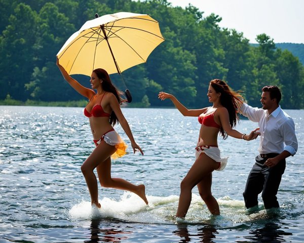Women in Bikinis Enjoying a Lake on a Sunny Day