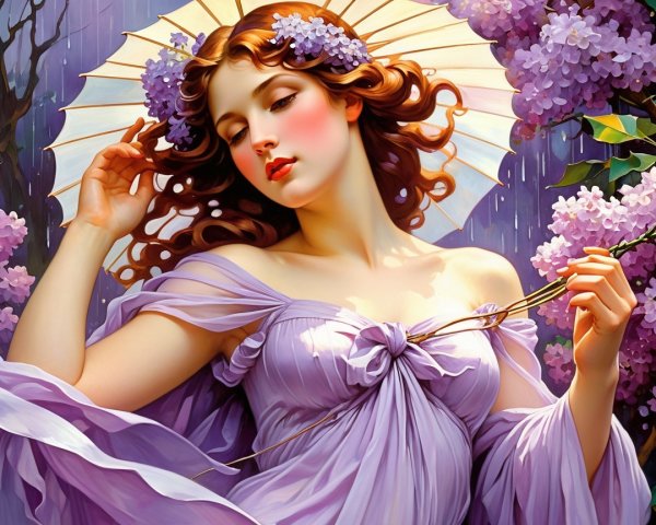 Graceful Woman in Lavender Gown Under Parasol