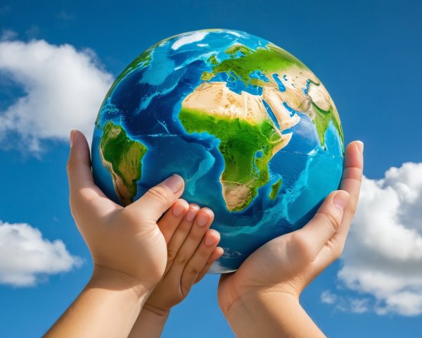 Hands Holding a Vibrant Globe Under Blue Sky