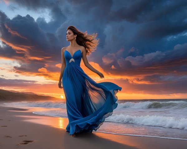 Woman in Blue Dress on Serene Beach at Sunset