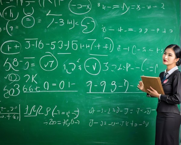 Confident Teacher in Classroom with Math Equations