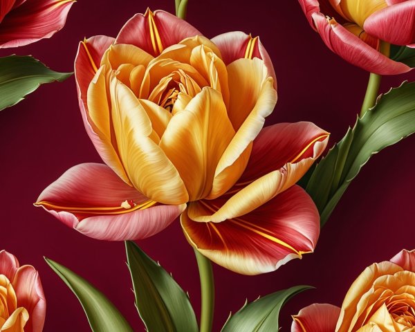 Pink and Yellow Tulip Pattern on Dark Red Background