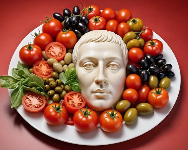 Culinary Display with Sculpted Head and Vibrant Vegetables
