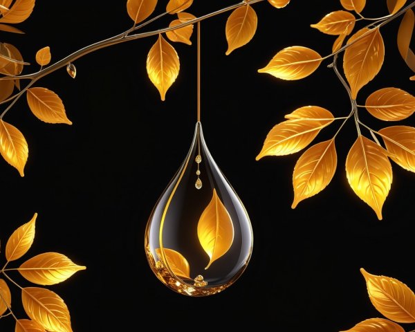 Glossy Droplet on Branch with Golden Leaves