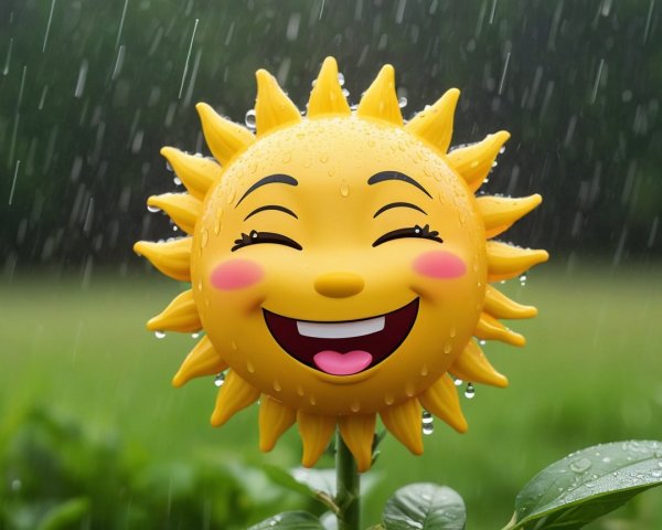 Cartoon Sun with Smile Amidst Rainy Background