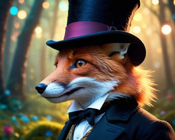 Elegant Fox in Formal Attire in a Mystical Forest