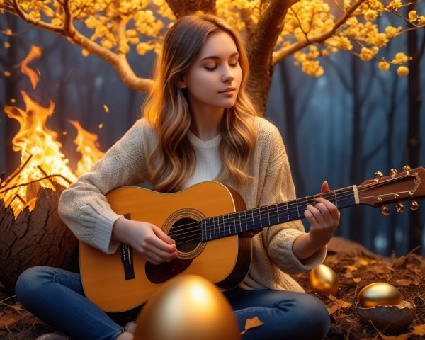 Realistic Scene of Woman Playing Guitar in Forest