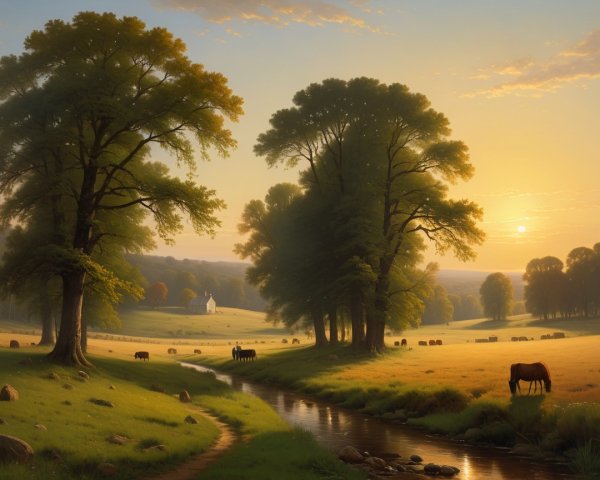 Majestic Landscape with Sunset, Stream, and Pastures
