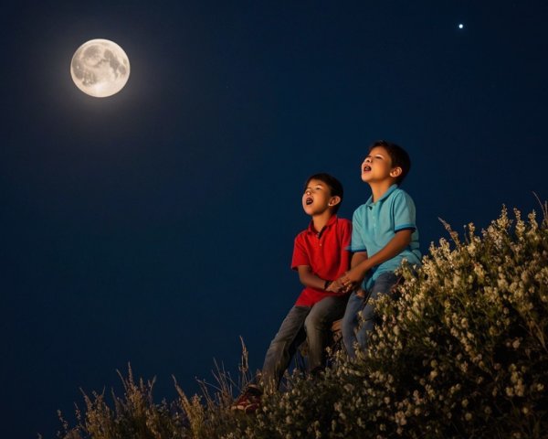Boys in shirts observe moon and star on hillside