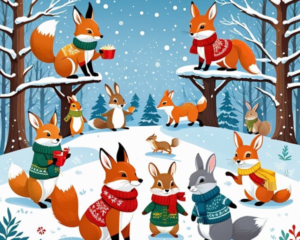 Cheerful winter scene with cartoon foxes and rabbit