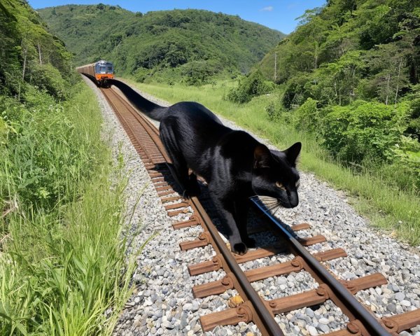 Giant Black Cat on Railway Track in Lush Landscape