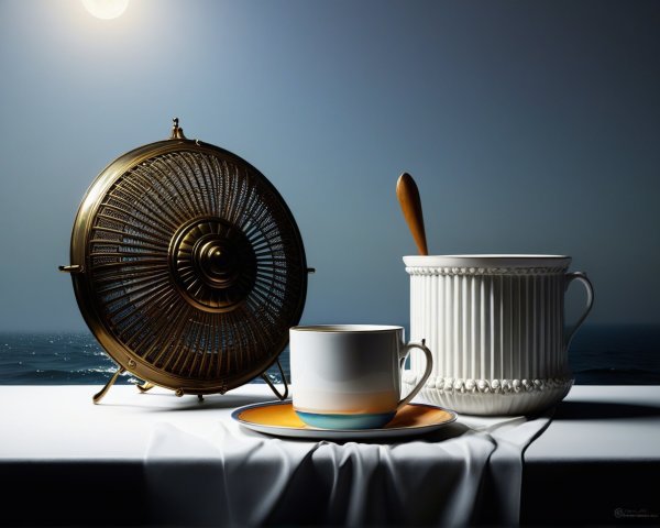 Still Life with Vintage Fan and Teacups on Tablecloth