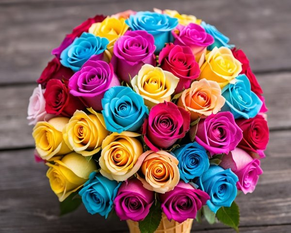 Vibrant Multicolored Rose Bouquet on Rustic Wood