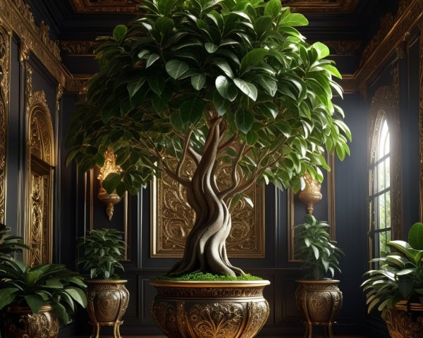 Elegant Indoor Space with Twisted Tree and Gold Accents